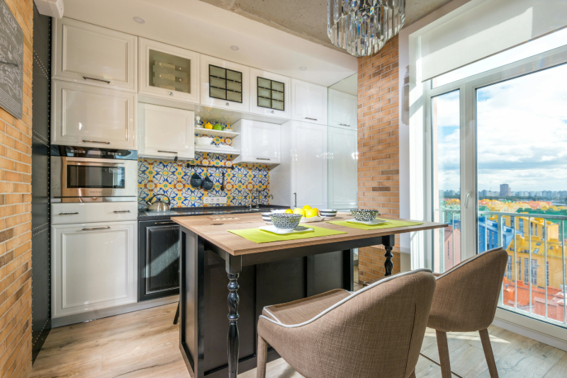 Mosaic Tile backsplash in a small apartment kitchen