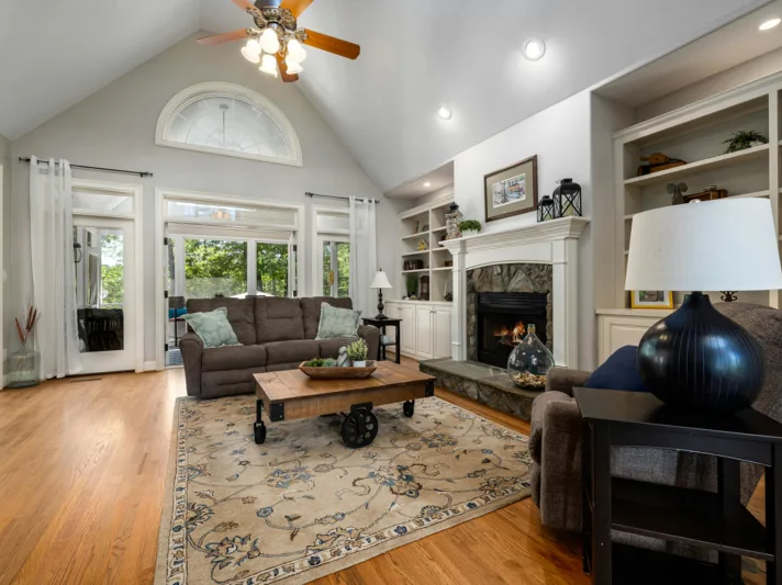 Cozy and traditional living room with wood look flooring