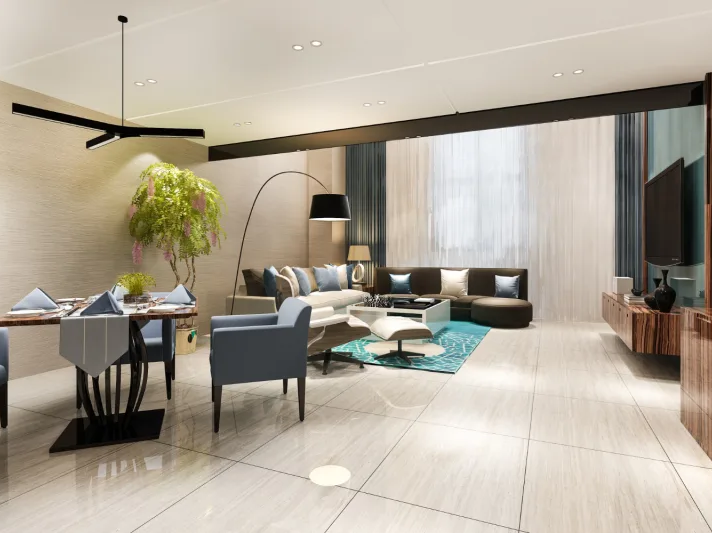 Wide ceramic tile flooring in a modern condo