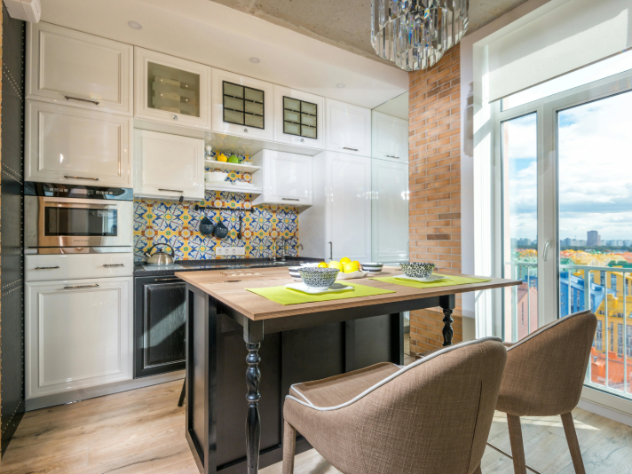 Mosaic Tile backsplash in a small apartment kitchen