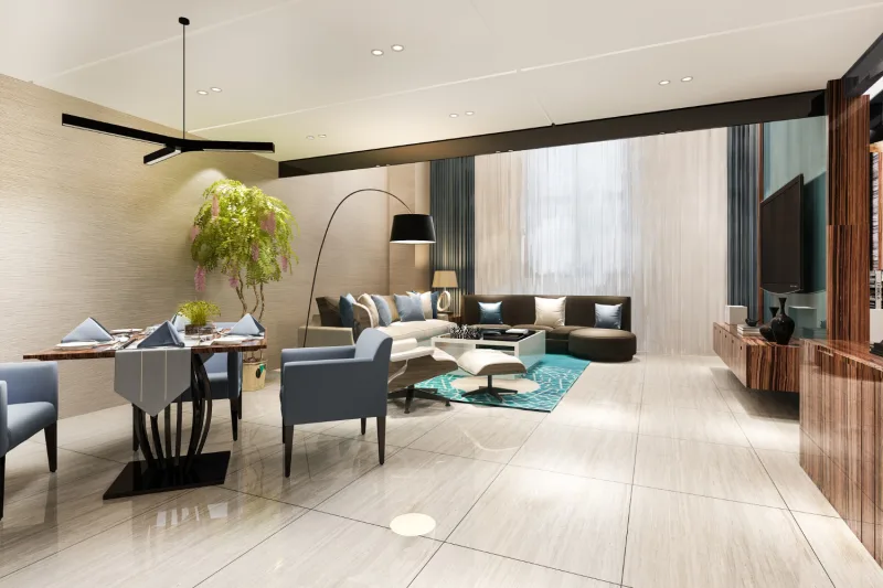 Wide ceramic tile flooring in a modern condo
